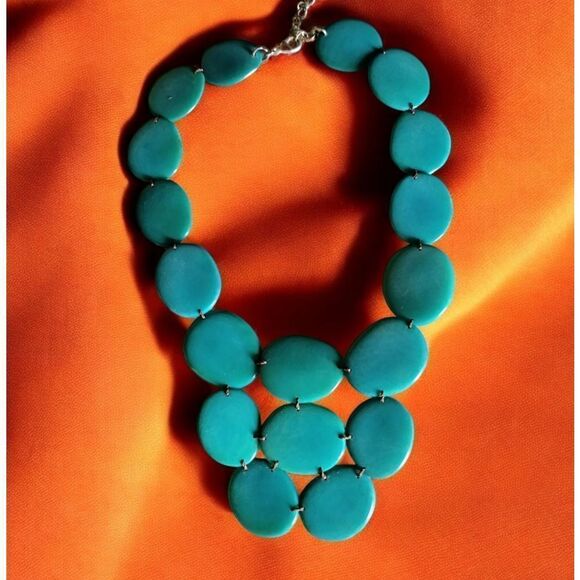 NECKLACE AFRICAN SEED Hand Crafted TURQUOISE/GREEN SILVER clasp 18" HAND MADE - Picture 1 of 9